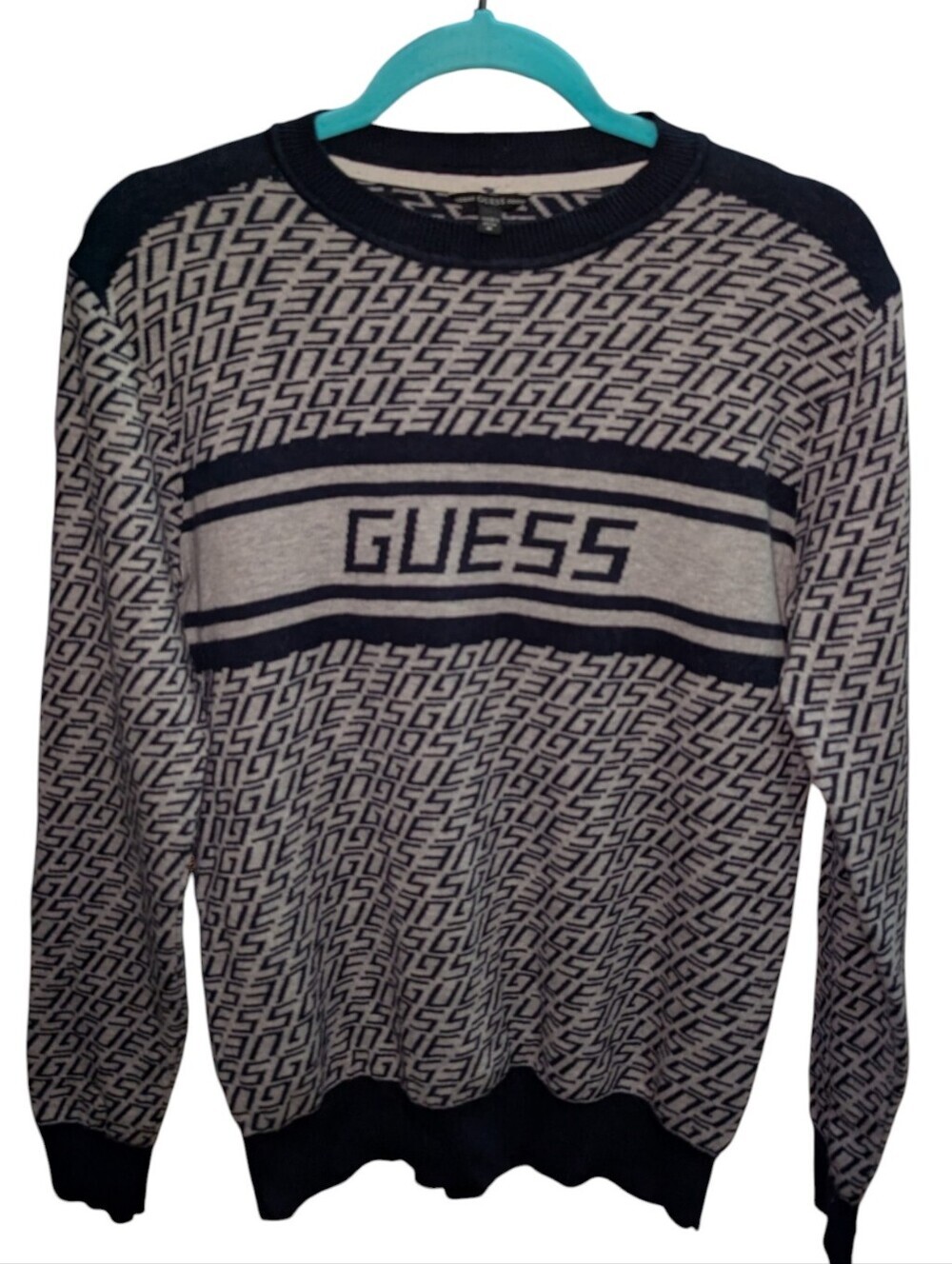 Guess Logo Crewneck Sweater in Navy and Cream - Picture 3 of 6